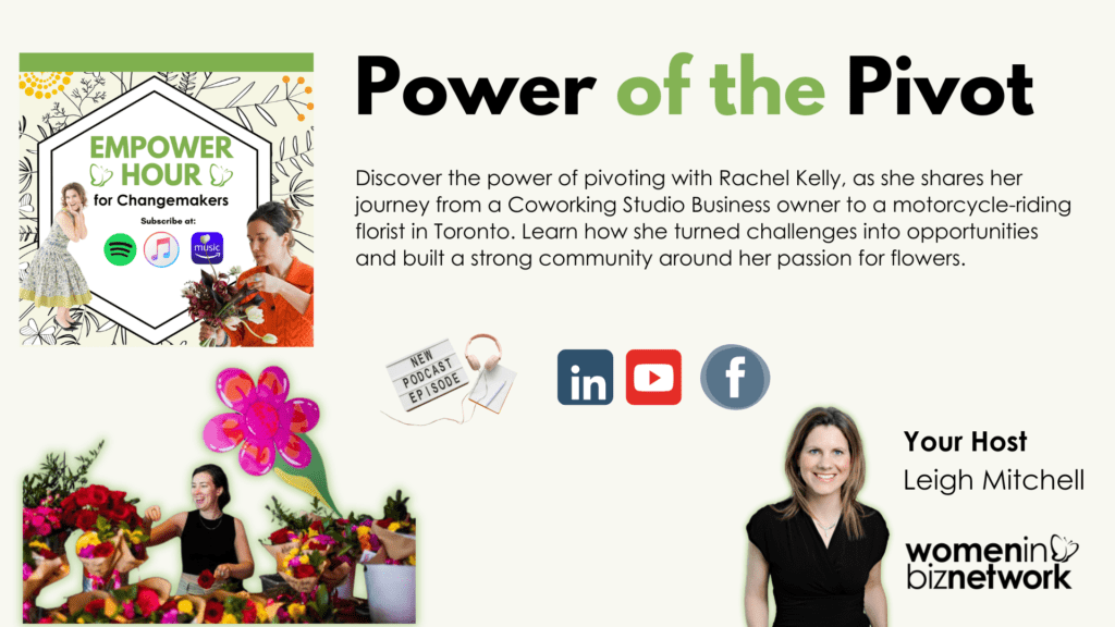 This week we are sharing the Power of the pivot with Rachel Kelly, a motorcycle-riding, community-building florist in Toronto. Rachel’s journey from running the Make Lemonade CoWorking Studio to becoming an event florist is a testament to resilience, creativity, and optimism. Her story includes taking stock of what talents and assets she already had including her established professional brand and transforming her pandemic problems into a new career path after attending Toronto Flower School. Rachel’s dedication to her craft, from hauling greenery for celebrations to scaling her glass ceiling is truly inspiring. We break down her power moves and how she overcame self doubt to become a kick ass florist who is leading the way with her advice to help others become change makers of their own professional lives.