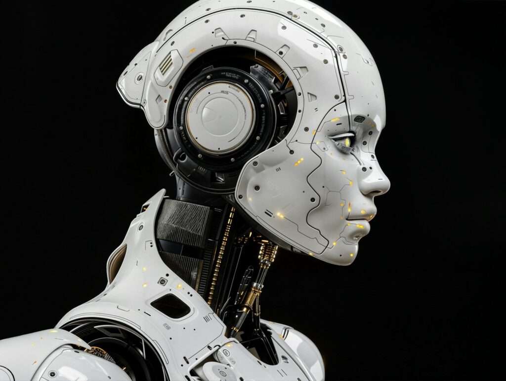 A white robot is standing in front of a black background