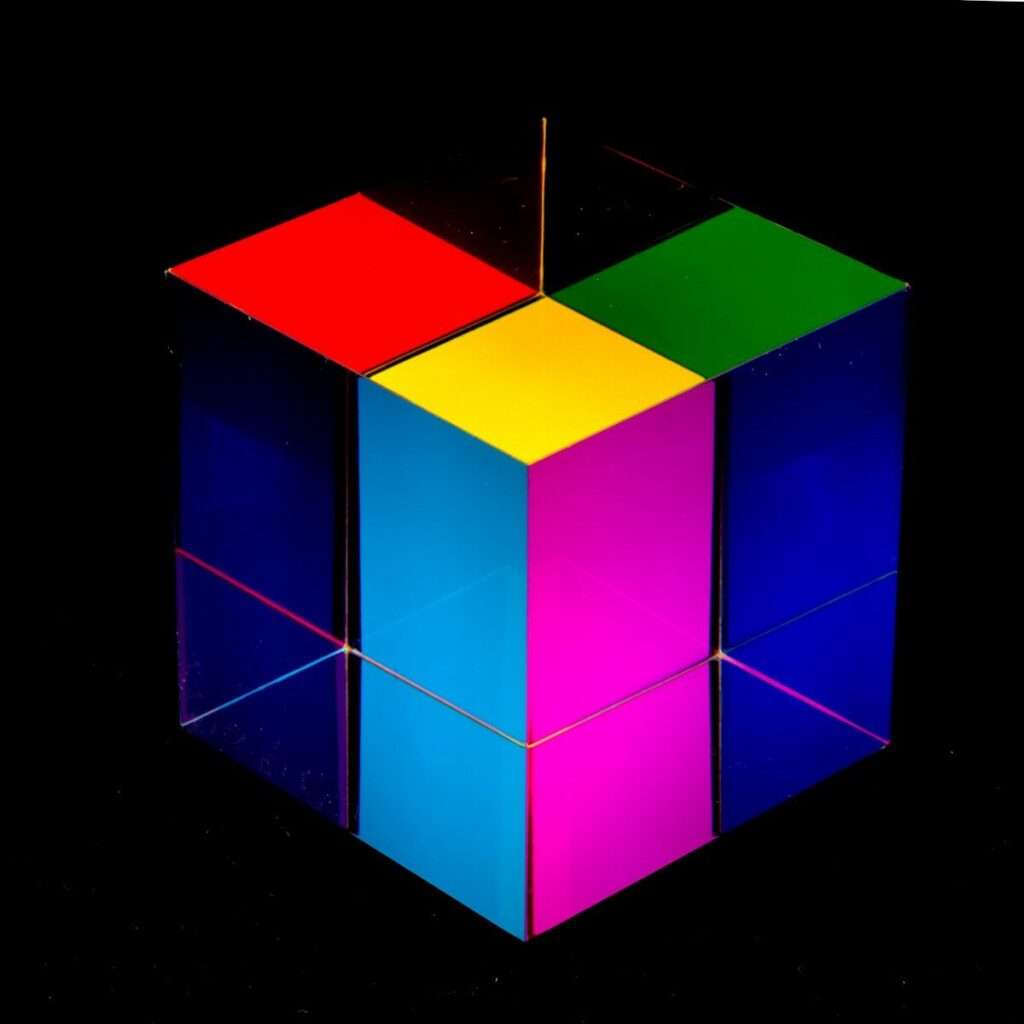 a multicolored cube sitting on top of a black surface